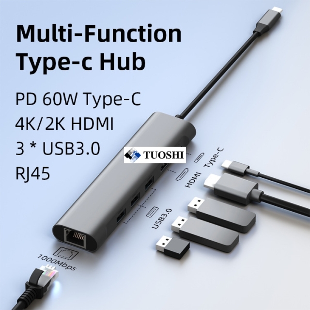 6 In 1 Multiport USB3.0 Converter Splitter USB C HUB Adapter For Laptop Phone